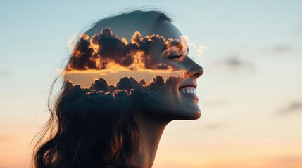 Woman smiling with clouds reflected in her silhouette at sunset.