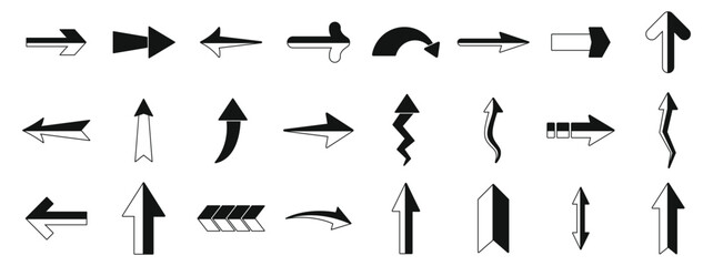 Straight long arrow icons set. Set of different arrow icons indicating various directions, perfect for highlighting movement, progress, or choice