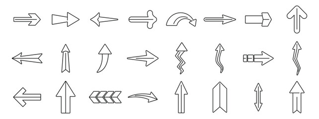 Straight long arrow icons set. Set of outline arrows showing different directions, perfect for indicating movement, progress, or choice