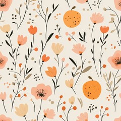 Naklejka premium Soft Floral and Fruit Pattern with Delicate Orange Flowers, Green Leaves, and Citrus Motifs on a Cream Background, Featuring Minimalist Botanical Elements in a Calm and Elegant Design
