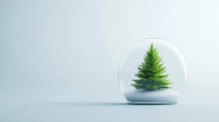 Serene Winter Scene in Minimalist Snow Globe - Xmas Tree, Snowfall, Soft Glow, Calm Peaceful Atmosphere