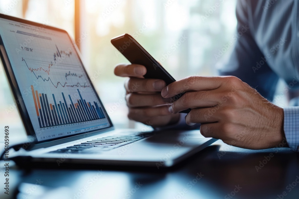 Poster closeup of a person using a smartphone and laptop with a stock market graph displayed