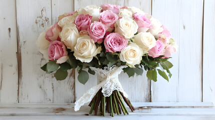 Classic bouquet of pink and white roses tied with lace ribbon
