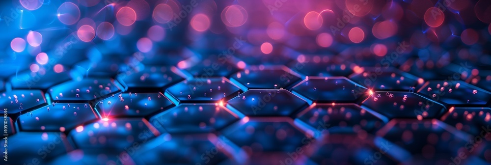 Poster honeycomb pattern of hexagons glowing in blue and red lights, representing the complex structure fou