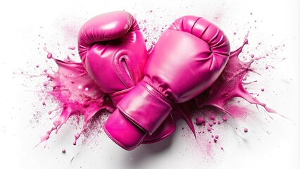 Vibrant pink boxing gloves on white background with splashes and spots
