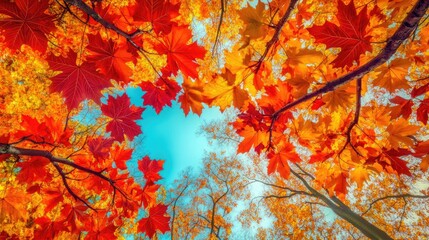 Autumn Leaves Glowing in the Sunlight, Colorful Foliage, Fall Colors, Nature's Beauty, Vivid Hues, Forest Canopy, Golden Yellow Leaves,