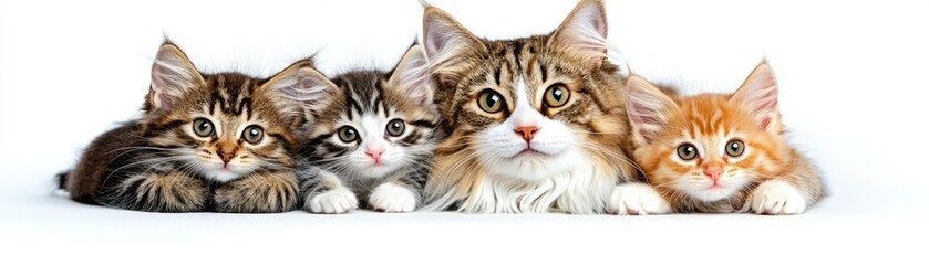 A charming group of four cats relaxing together, showcasing various fur patterns and colors against a clean white background.