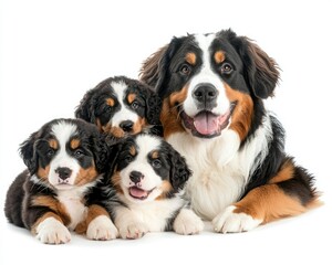 A happy Bernese Mountain Dog accompanied by three playful puppies, showcasing their adorable expressions and friendly nature.