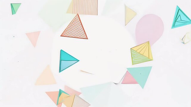 A nostalgic Memphis style animation featuring looping graphic colorful triangles various shapes set clean white background presented 4K ultra highdefinition 30 frames second purple teal retro