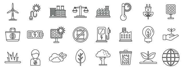Co2 neutral icons set. Line art icons representing renewable energy sources, environmental protection, and sustainable practices for a greener future