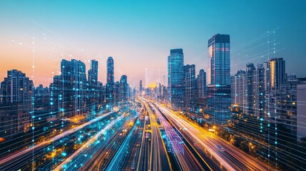 Fototapeta premium Futuristic Cityscape with Digital Network Overlay