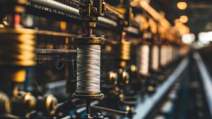 Close-up of a spool of white thread on an industrial loom