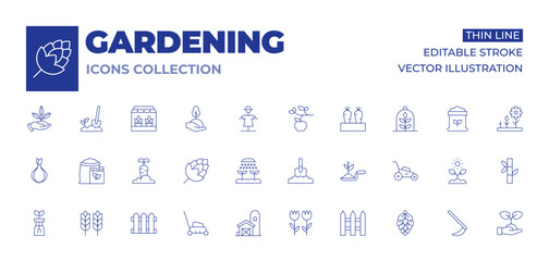 Gardening icons collection. Thin Line icons, editable stroke. crop, digging, fertilizer, flower, carrot, fence, gardening, hop, lawn mower, silo, sprout, tulip, watering