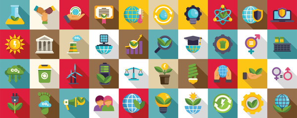Esg icons set. Diverse set of colorful icons representing key concepts of ecology, sustainability, and environmental protection