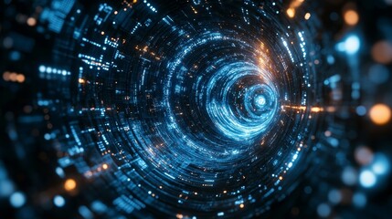 Obraz premium The dynamic abstract image displays a radial vortex formed by a chaotic data cluster, highlighting the complexity and motion of information in a striking way