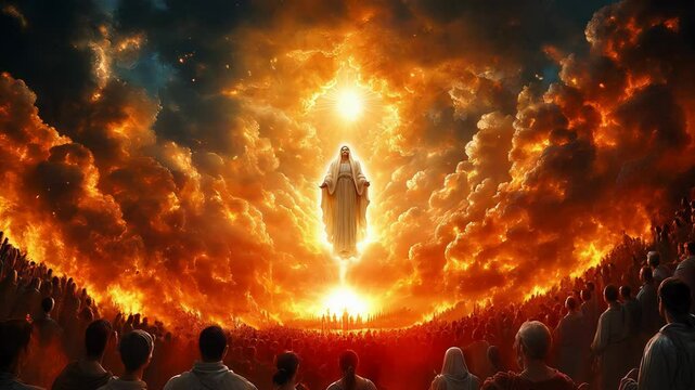 Massive crowd of people looking up at Jesus Christ who is surrounded by a bright light and descending from fiery clouds