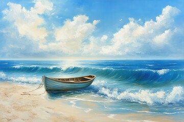 Seascape Painting with Boat on Sandy Beach, Blue Sky with Clouds