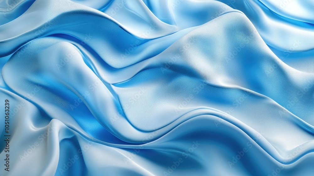 Poster a 3d-rendered blue cloth with soft wavy folds and ripple effects, creating an abstract flowing patte