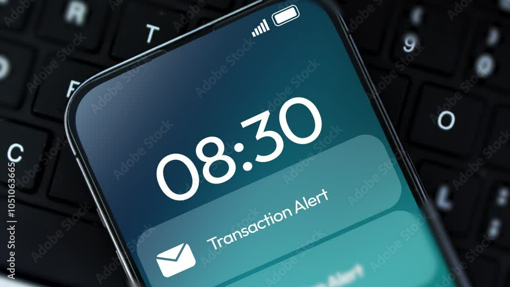 Poster transaction alert message notification on mobile screen 4k animation with laptop keyboard in the bac