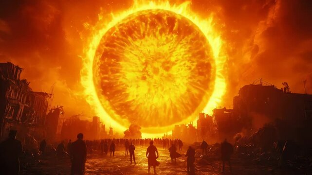 Massive fireball explosion fills the sky with flames and smoke, causing panic among a crowd fleeing a ruined city in chaos