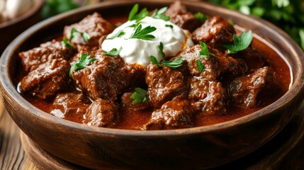 Goulash with Sour Cream on Rustic Background
