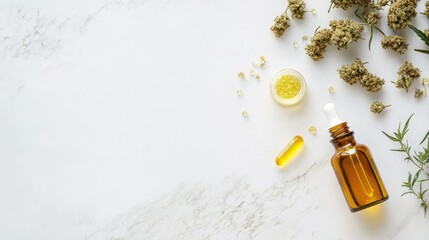 A clean, white backdrop with dried cannabis buds scattered and a small CBD oil bottle, highlighting the natural properties.