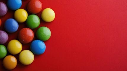 Obraz premium A close-up of a cluster of Smarties, their rounded shapes and vibrant colors contrasting with the bold red background.