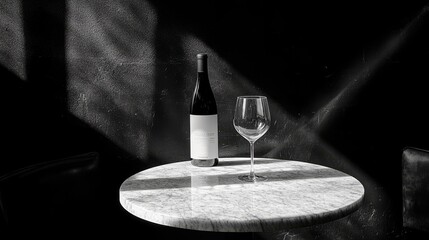 Obraz premium The exquisite black and white image showcases an elegant bottle of wine and a simple wine glass, placed on a marble table with a dark background, enhancing the luxurious and exquisite atmosphere