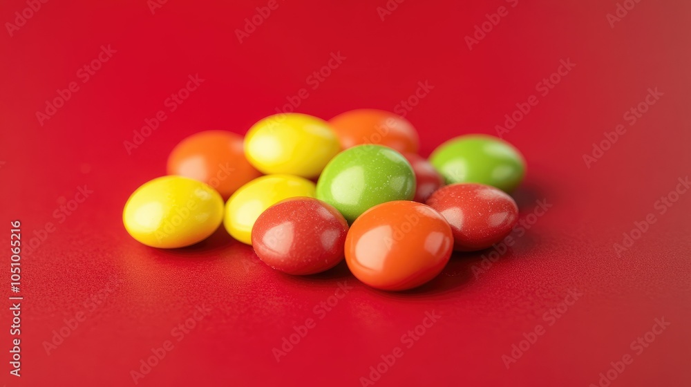 Poster a cluster of round smarties resting on a solid red background, the vibrant colors creating a fun, en
