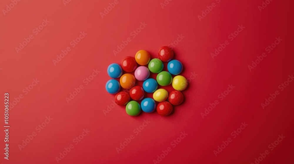 Poster a cluster of round smarties resting on a solid red background, the vibrant colors creating a fun, en
