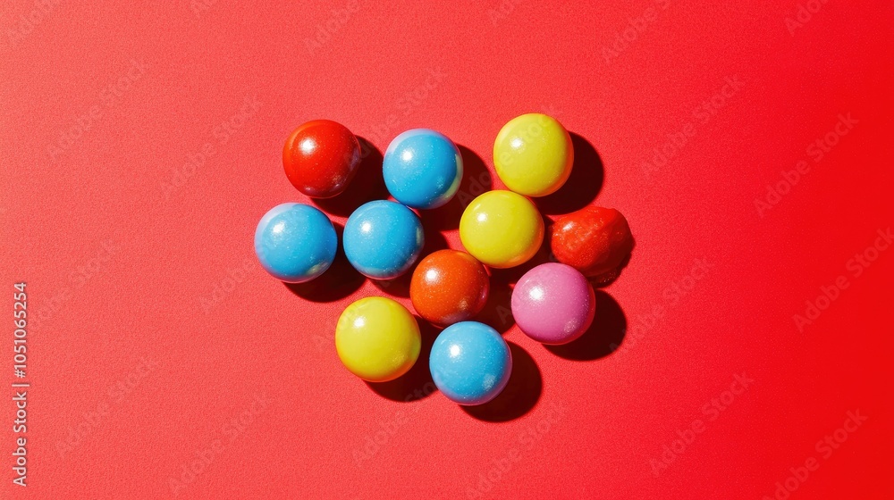 Poster a cluster of round smarties resting on a solid red background, the vibrant colors creating a fun, en