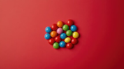 Obraz premium A cluster of round Smarties resting on a solid red background, the vibrant colors creating a fun, energetic look.