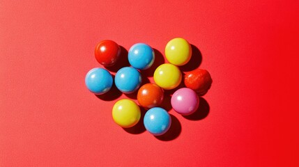 Obraz premium A cluster of round Smarties resting on a solid red background, the vibrant colors creating a fun, energetic look.