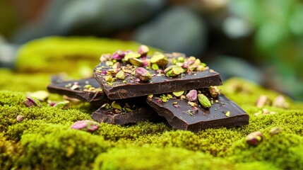 A delectable arrangement of dark chocolate and pistachio bark lies on a vibrant mossy backdrop, creating a visually stunning and appetizing scene.