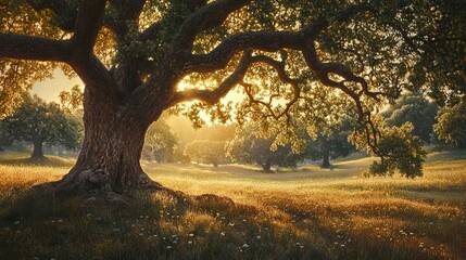 Golden Hour Meadow: Tranquil Landscape with Sunbeams Through Trees