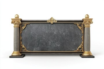 Obraz premium luxury empty dark grey leaderboard with golden lines, large pillar and royal carvings on white background
