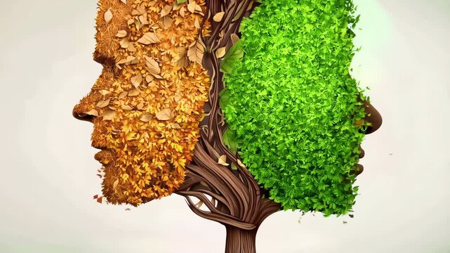 A tree losing leaves represents the concept of a metaphor that represents a hidden dual personality of a person. Deceptive charisma veils an egocentric manipulator in a Covert Narcissist. AI-generated