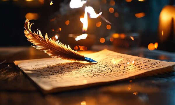 A quill rests on a handwritten page, illuminated by candlelight, evoking a sense of creativity and nostalgia.