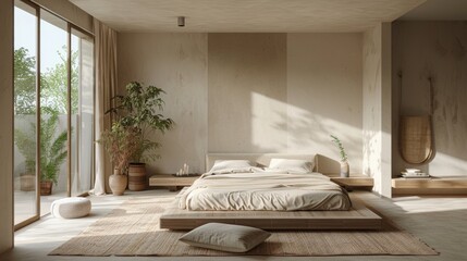 Minimalist Bedroom Interior Design with Wooden Platform Bed and Natural Light