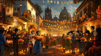 Obraz premium A scenic view of a Dia de los Muertos parade at dusk