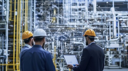 Fototapeta premium Three men in hard hats are looking at a computer screen in a factory