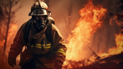 Fototapeta premium Brave Firefighter in Protective Gear Courageously Battling Intense Forest Fire with Water Hose