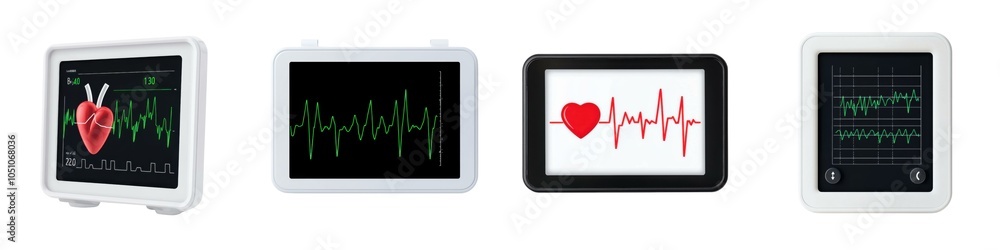 Poster four devices display heart-related graphics, showing various heartbeats and health data in vibrant c