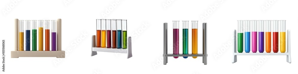 Poster four sets of colorful test tubes arranged in holders, showcasing various liquids, commonly used in l