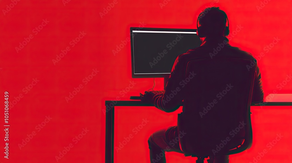 Poster silhouetted figure using a computer with a red background