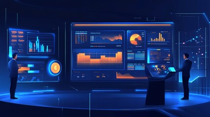 Obraz premium Businessmen Analyzing Data on Digital Screens