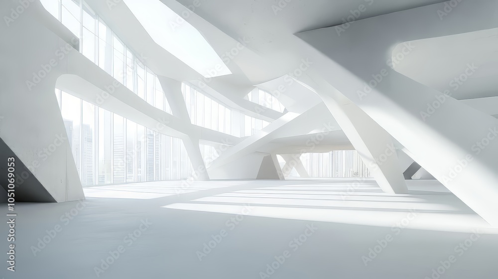 Poster abstract modern architecture background, empty white open space interior with windows and concrete w