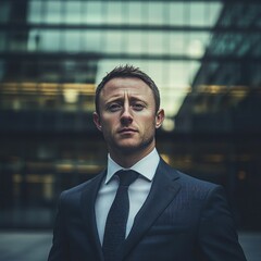 A businessman in a suit stands outside a modern office building.