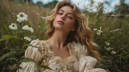 Naklejka premium Beautiful Woman in a Field of Wildflowers