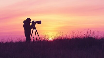 Photographer Silhouetted Against Vibrant Sunset Capturing Nature
